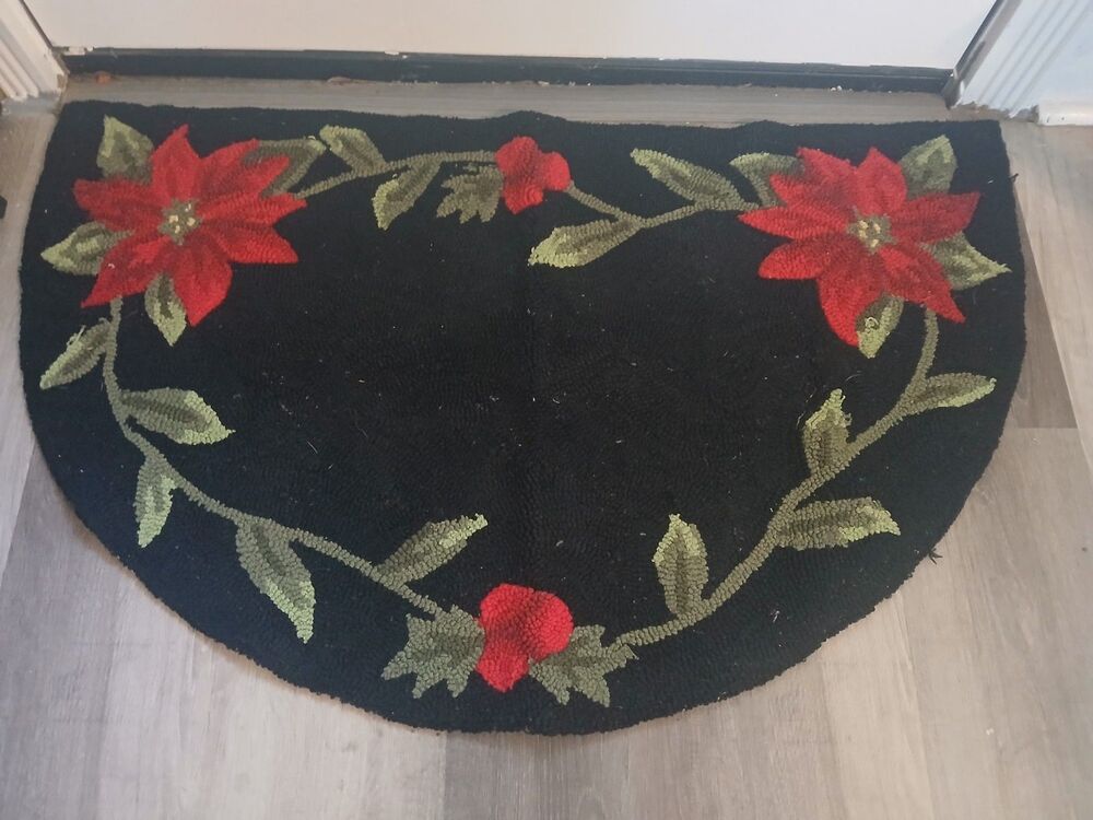 Vintage Hook Rug 37” X 23” Floral Cottage Xmas Shabby Grandma Green Red Holiday
